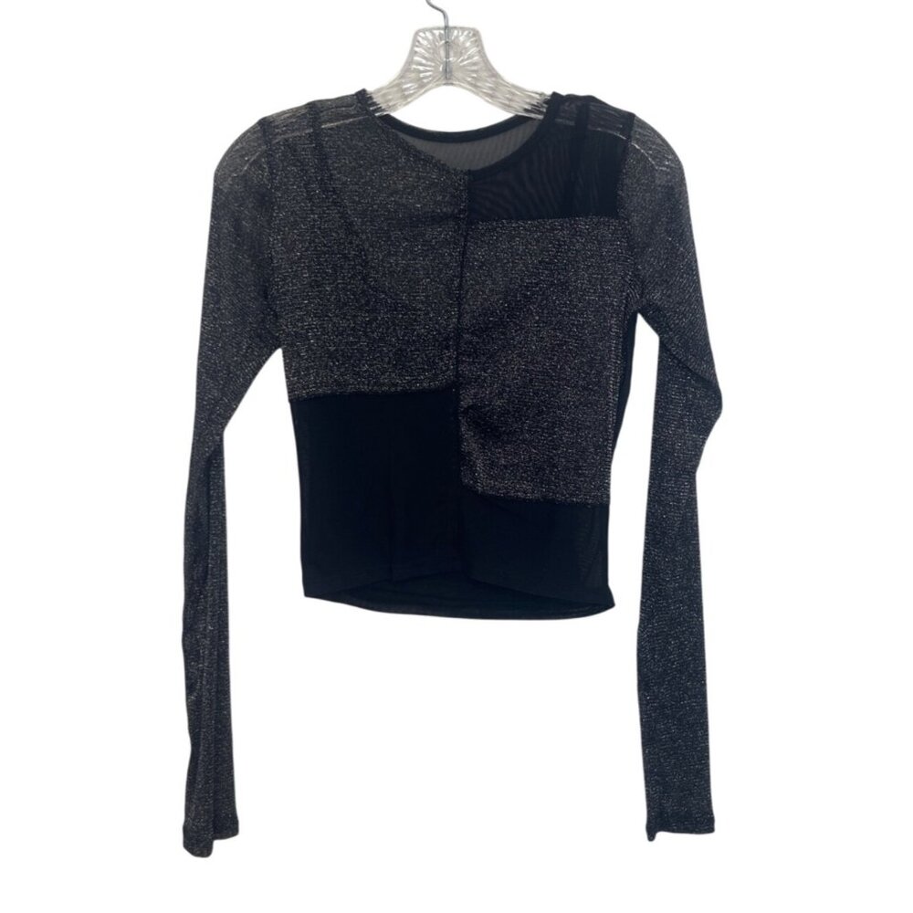 Hollister Long Sleeve Sheer Patchwork Top Womens Small Black Metallic New WOT